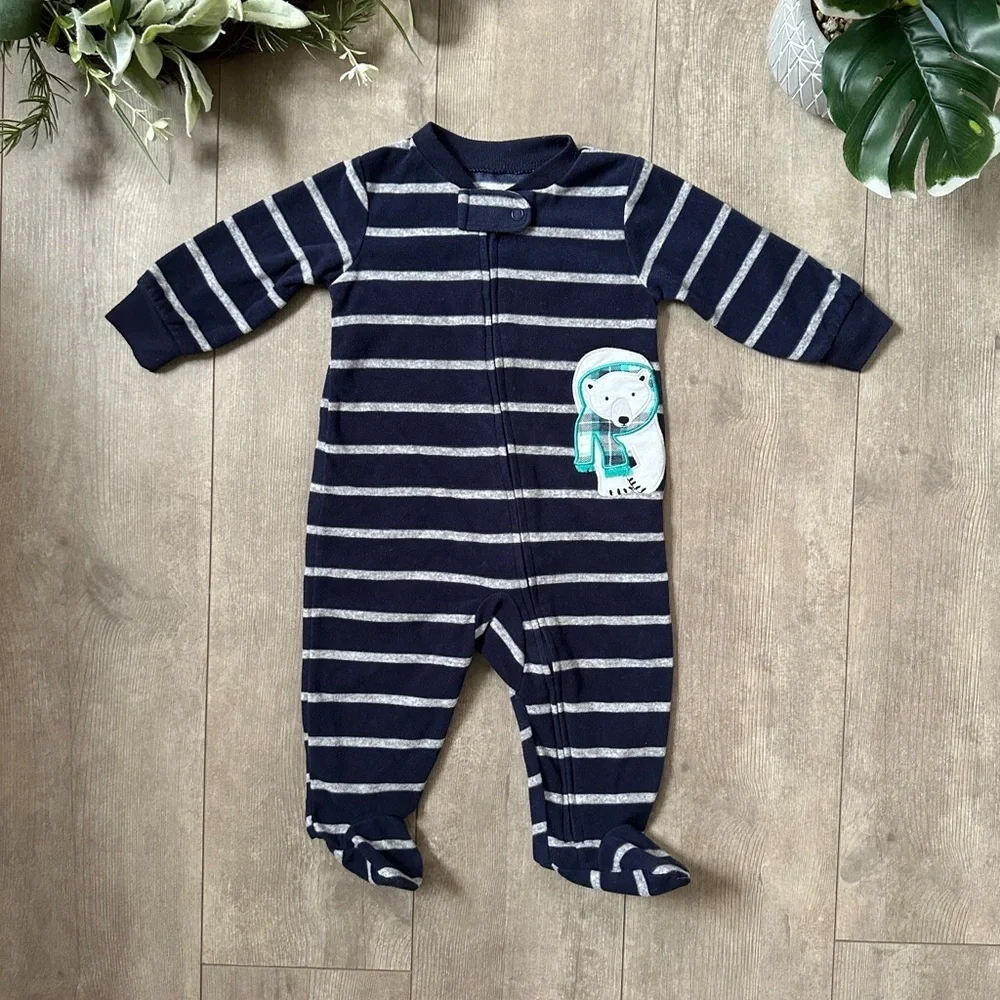 Carter’s Baby Boy Polar Bear Striped Fleece Zip Footies Sleeper Sleep Play 6 Mo